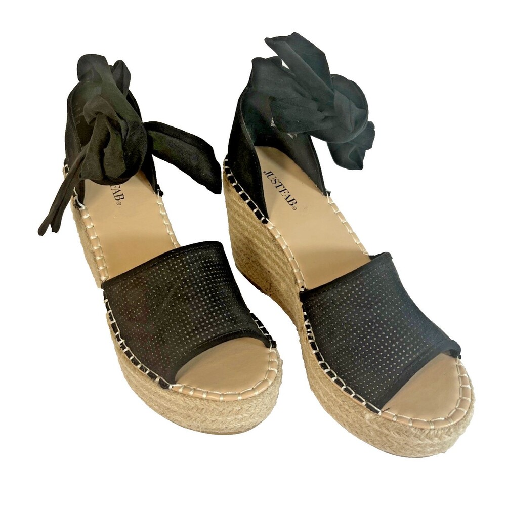 JustFab Isla Platform Espadrille Sandals Black Tan Lace Up Women's Size 9
